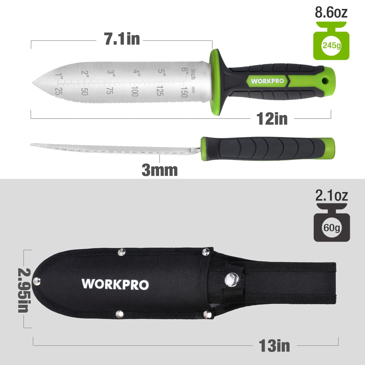 WORKPRO Hori Hori knife ergonomic handle provides a comfortable, non-slip grip.