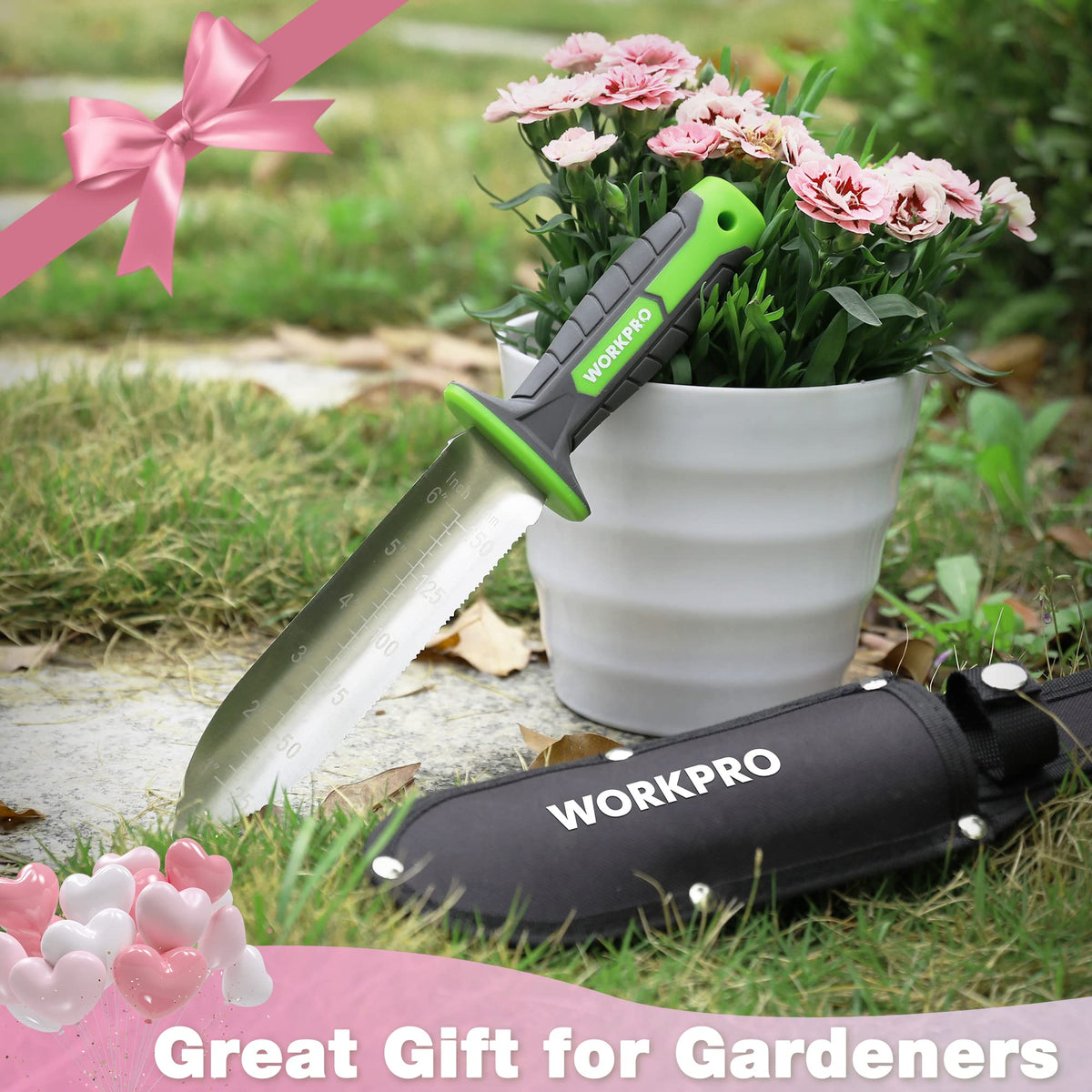 WORKPRO Hori Hori knife in-use for digging and transplanting in the garden.