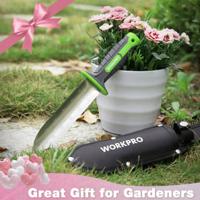 WORKPRO Hori Hori knife in-use for digging and transplanting in the garden.