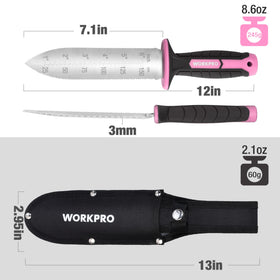 WORKPRO Hori Hori knife measuring tool on blade for quick planting depth checks.