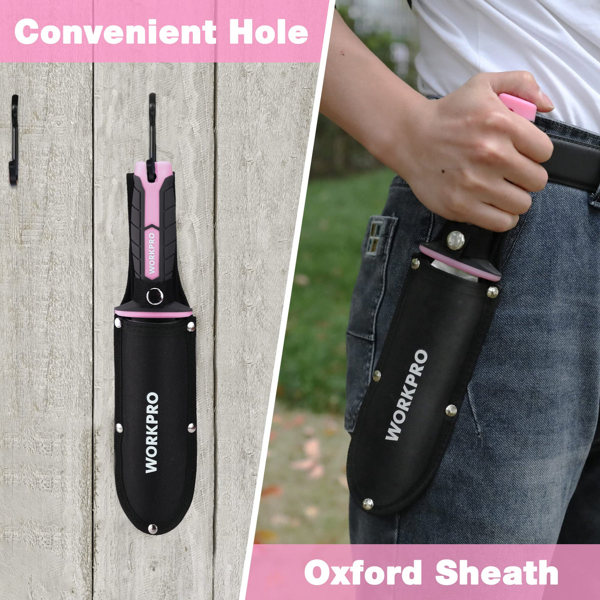 WORKPRO Hori Hori knife Oxford sheath protects blade during carry.
