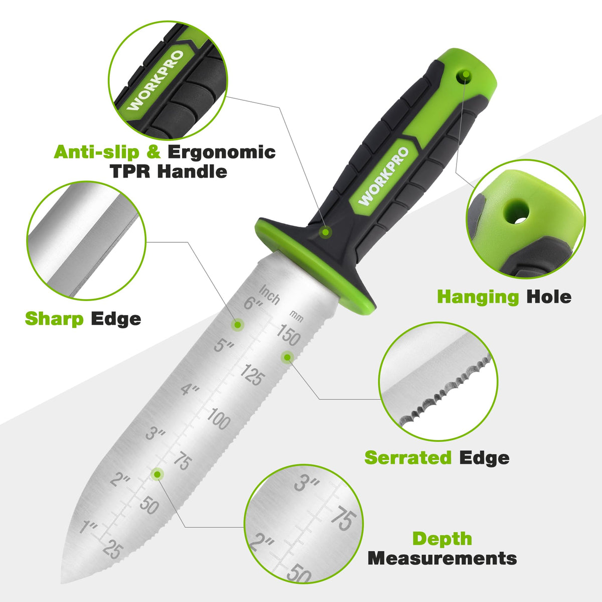 WORKPRO Hori Hori knife oxford sheath with belt loops for safe transport.