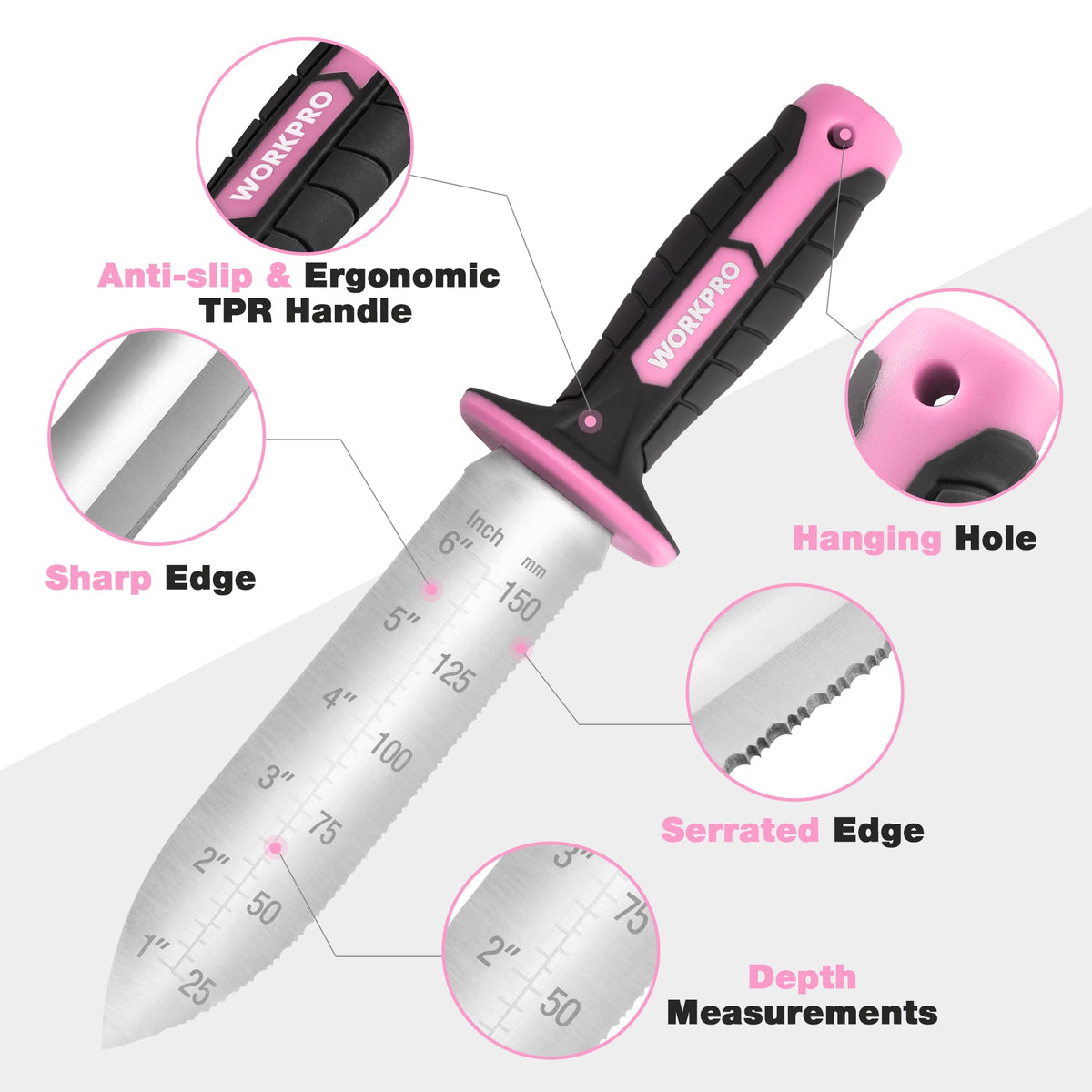 WORKPRO Hori Hori knife TRP handle for comfortable, non-slip grip.