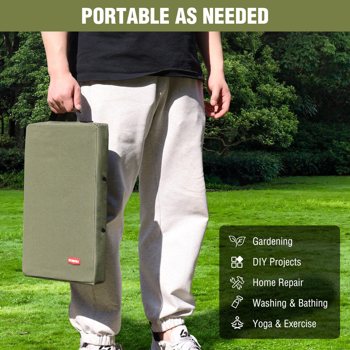 Green WORKPRO kneeling pad shown in a garden setting.