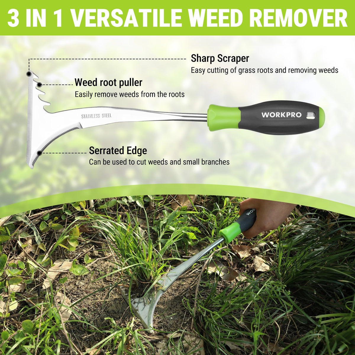 WORKPRO L-shaped crack weeder reaching tight cracks and edges to lift weeds from roots.