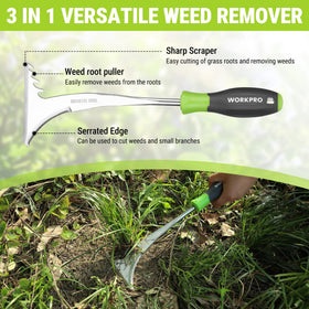 WORKPRO L-shaped crack weeder reaching tight cracks and edges to lift weeds from roots.
