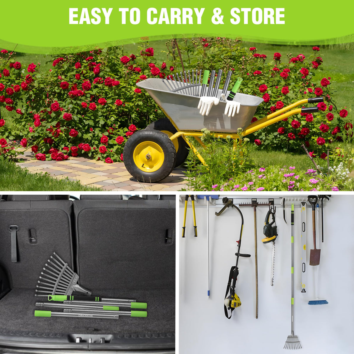 WORKPRO rake in action gathering leaves and debris around shrubs