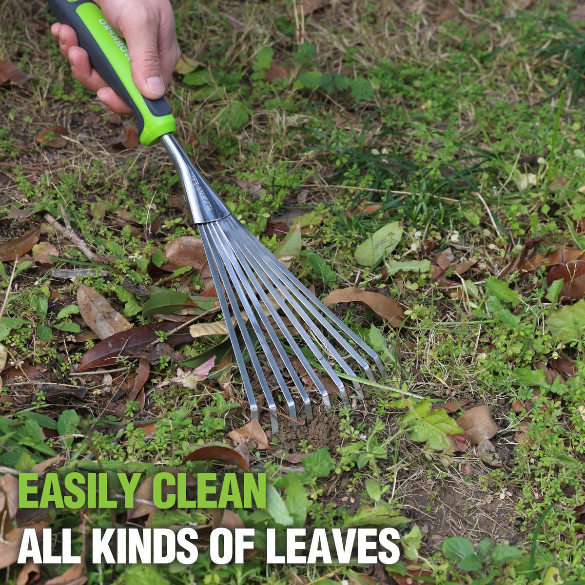 WORKPRO leaves and mulch spreading rake enables clean garden bed prep.