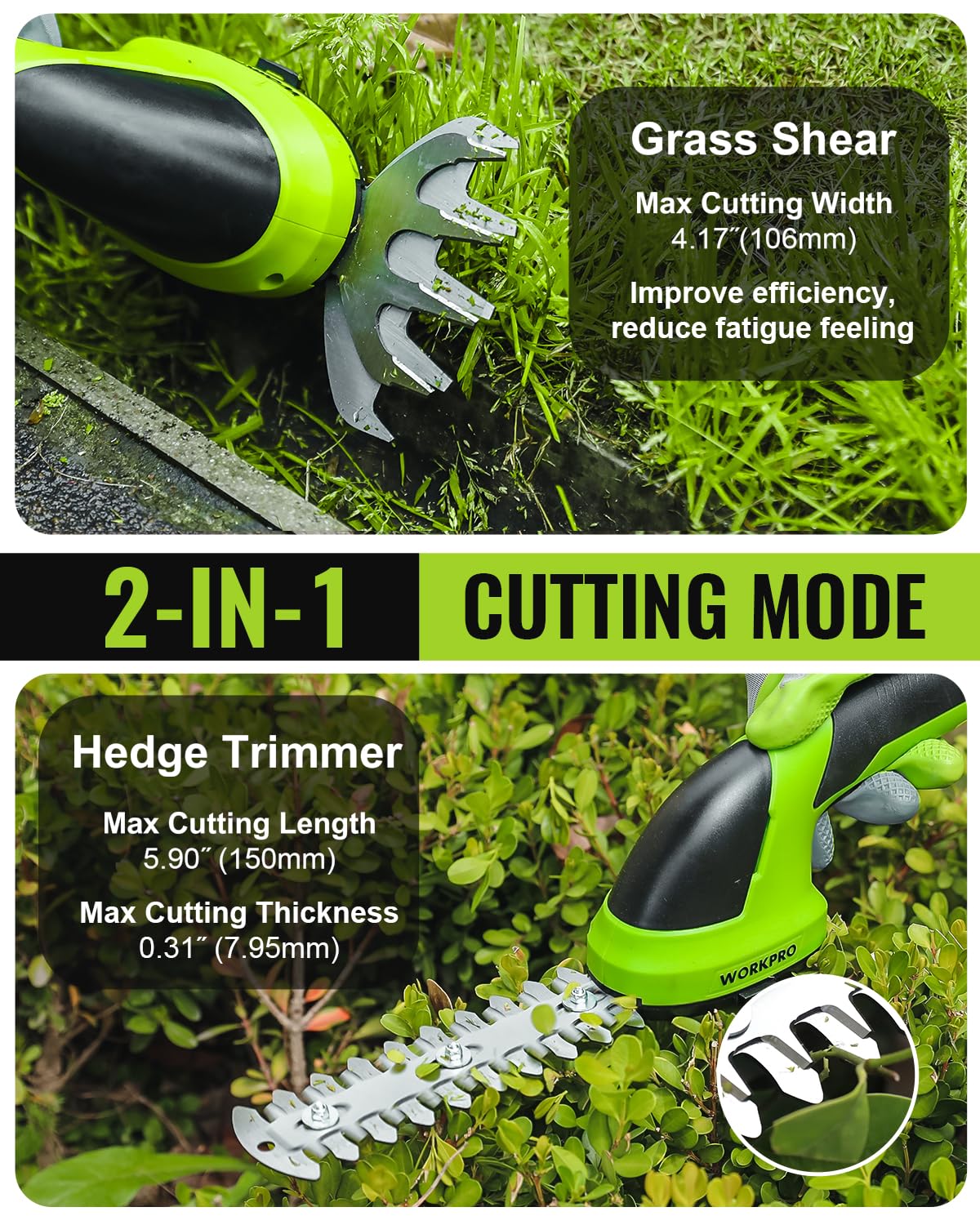 WORKPRO lightweight design emphasizes easy handling and reduced wrist fatigue during trimming.