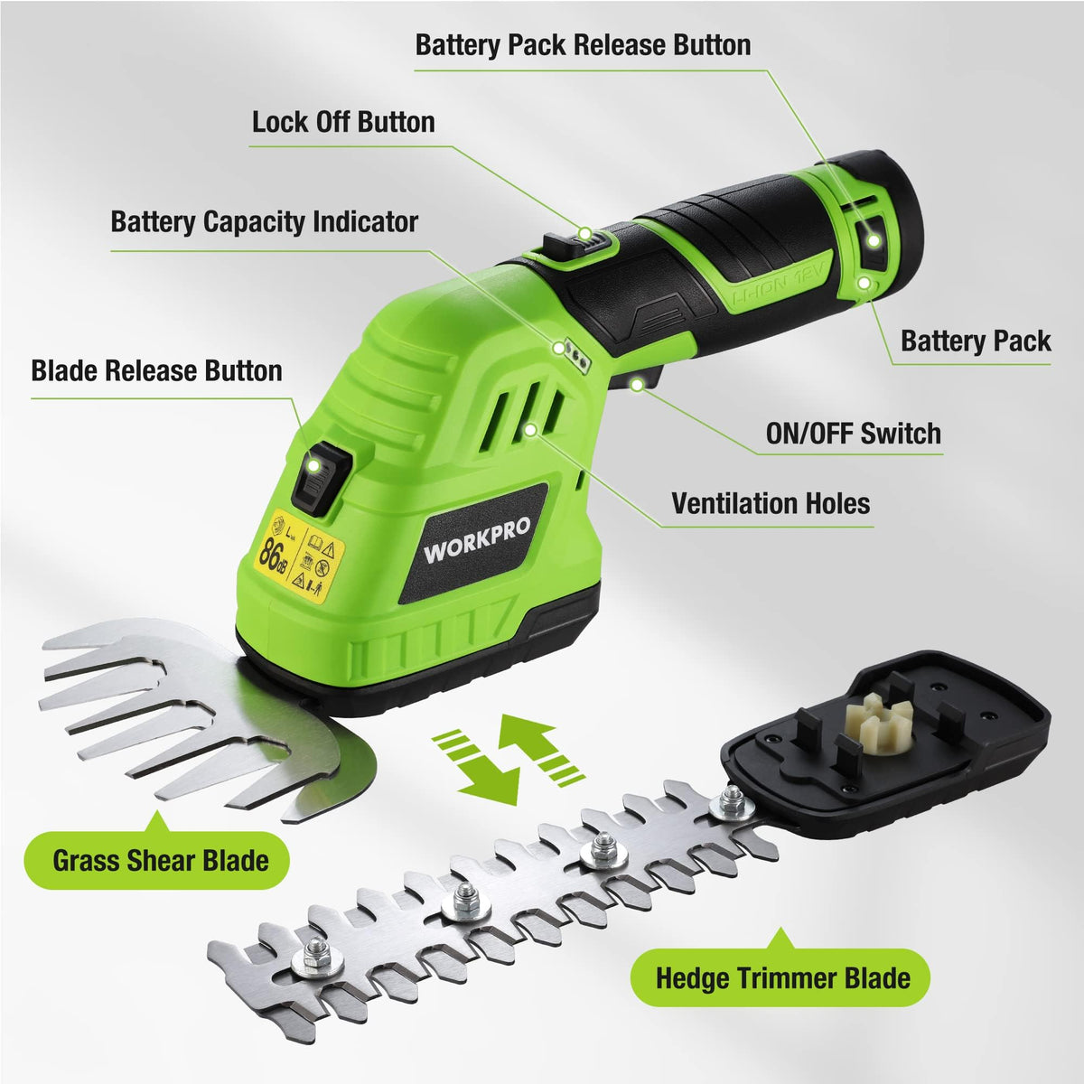 Versatile WORKPRO gadget ideal for lawns, hedges, and small trees.