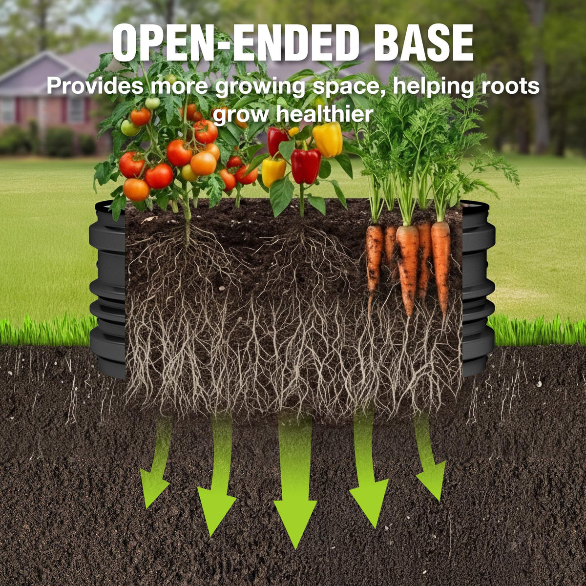Open-bottom design of a WORKPRO bed enabling deeper soil access and drainage