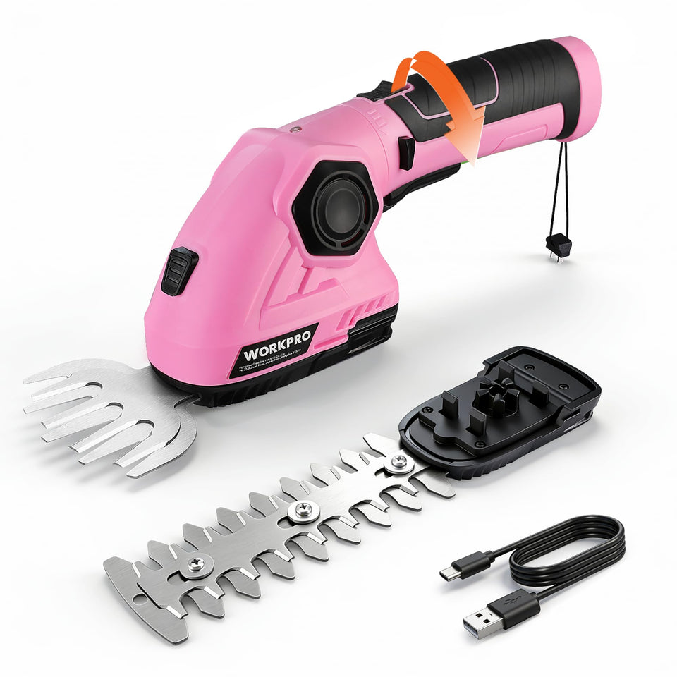 WORKPRO pink cordless grass shear compact for precise trimming in tight spaces.