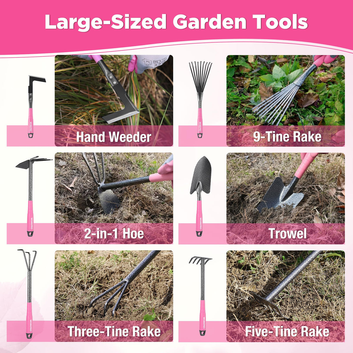 WORKPRO pink crack weeder reaches tight gaps between stones.