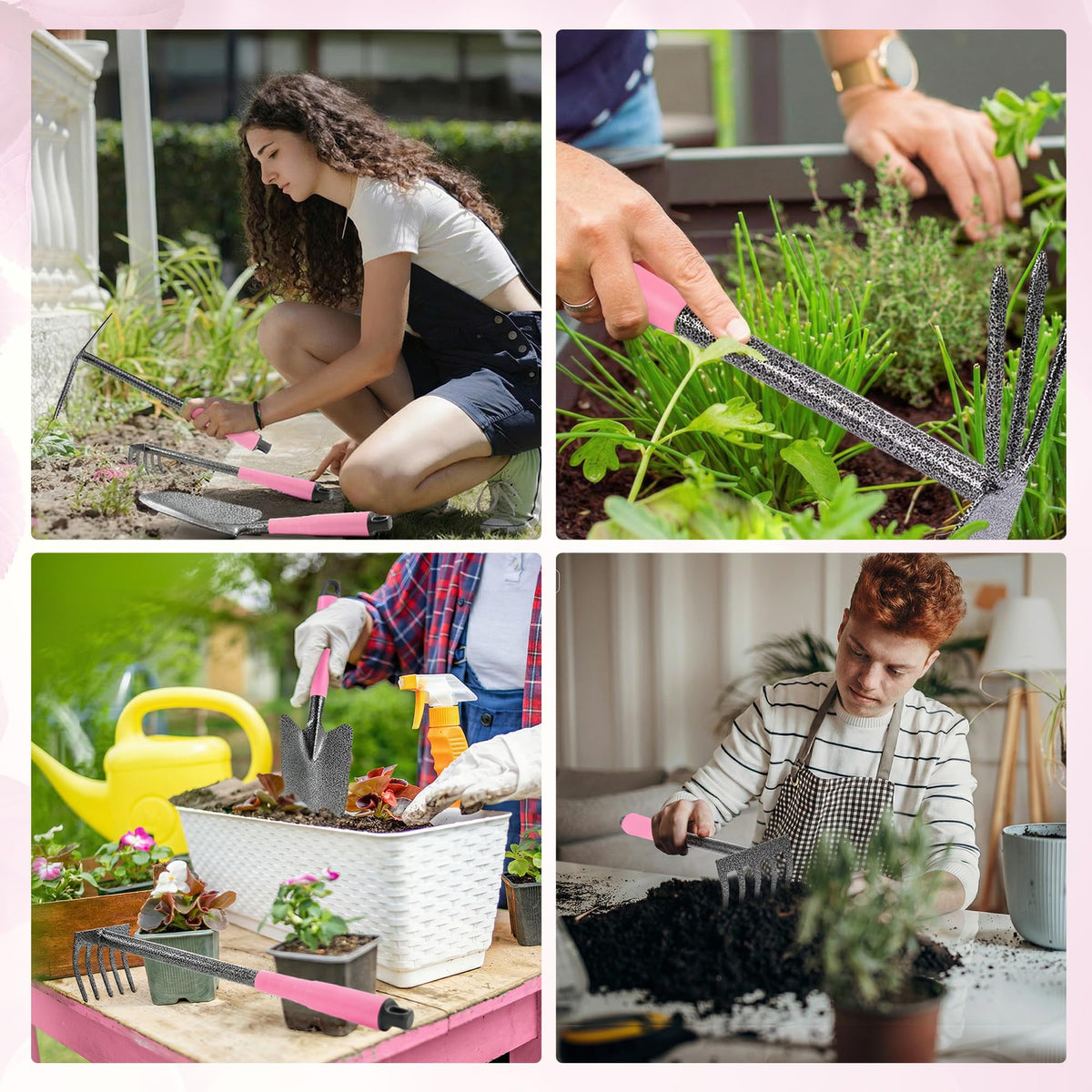 WORKPRO pink ergonomic handles reduce hand fatigue during gardening.
