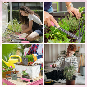 WORKPRO pink ergonomic handles reduce hand fatigue during gardening.