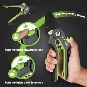 Green WORKPRO pruning shears show durable body with rust resistance.