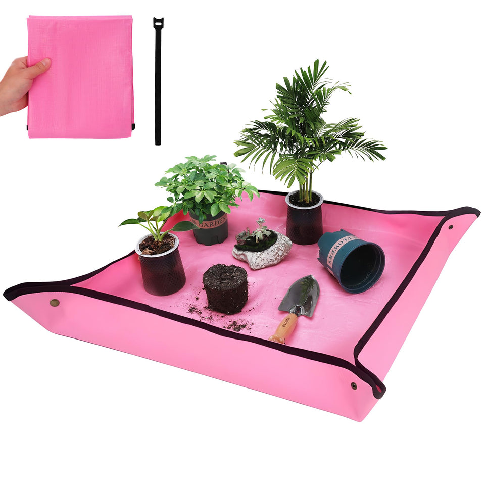 WORKPRO Repotting Mat with corner buckles keeps workspace clean during transplanting.