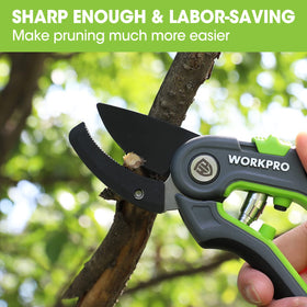 WORKPRO pruning shears safety lock engaged for safe storage.