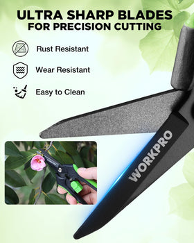 WORKPRO safety lock on garden shears for safe storage.