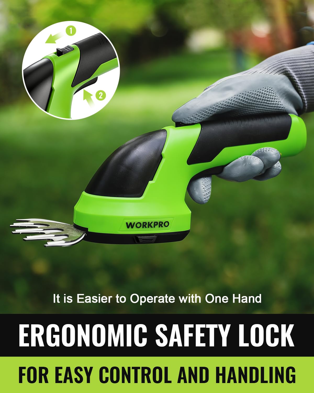 WORKPRO sharp blades deliver precise cuts for hedges, grass edges, and small shrubs.