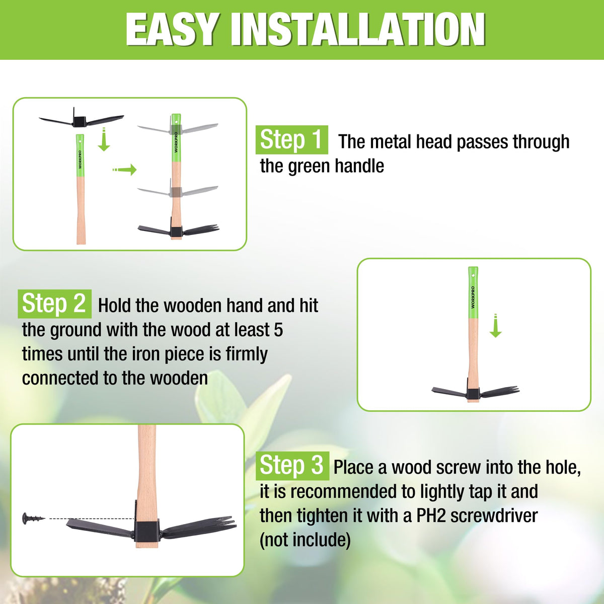 WORKPRO sharpened hoe blade designed to break compacted soil smoothly.