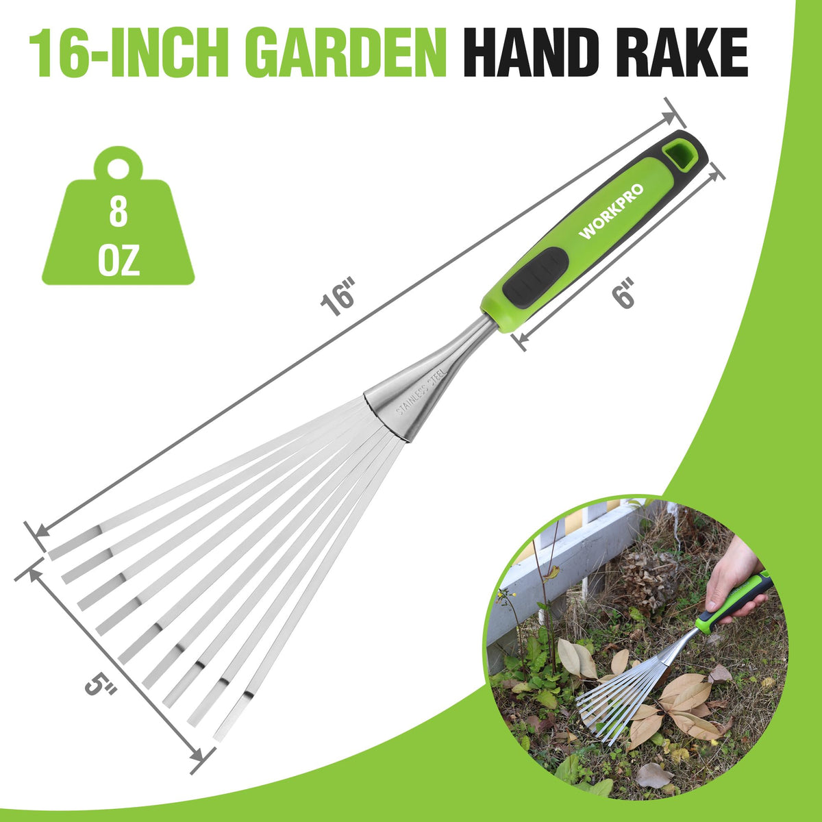 WORKPRO stainless-steel rake with flexible tines for tackling tough soil.