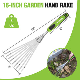 WORKPRO stainless-steel rake with flexible tines for tackling tough soil.