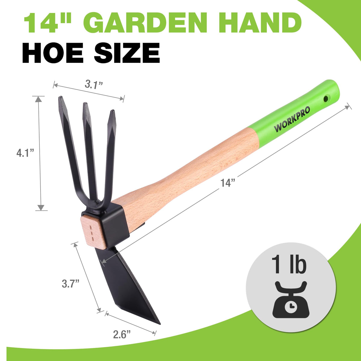 WORKPRO three-tine cultivator loosens soil for better root growth.