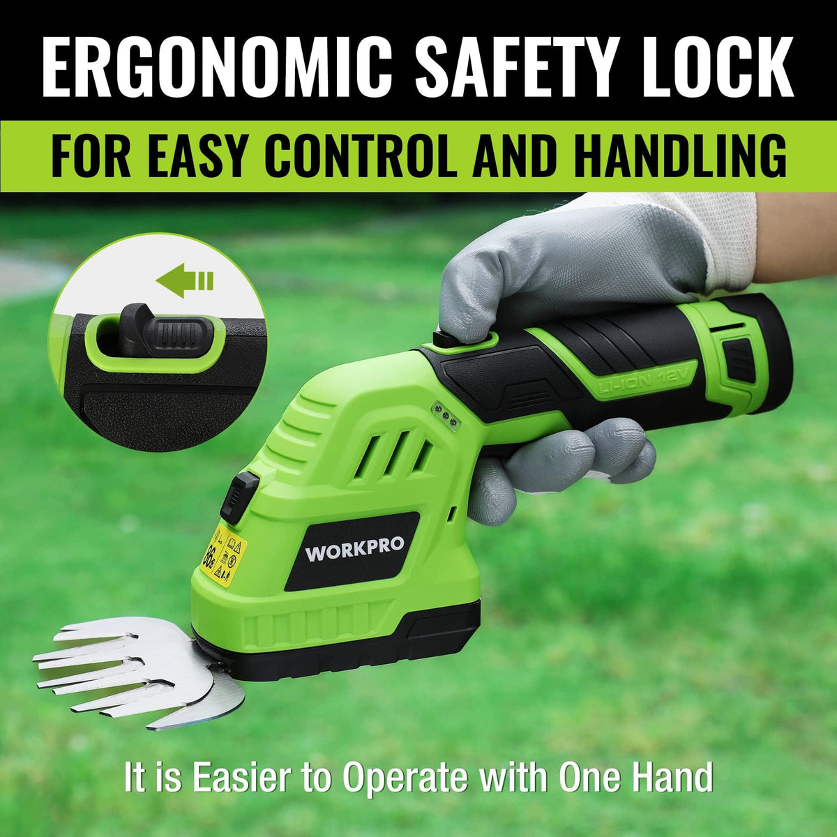 Top safety lock prevents accidental start on the WORKPRO trimmer.