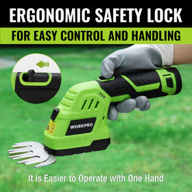 Top safety lock prevents accidental start on the WORKPRO trimmer.