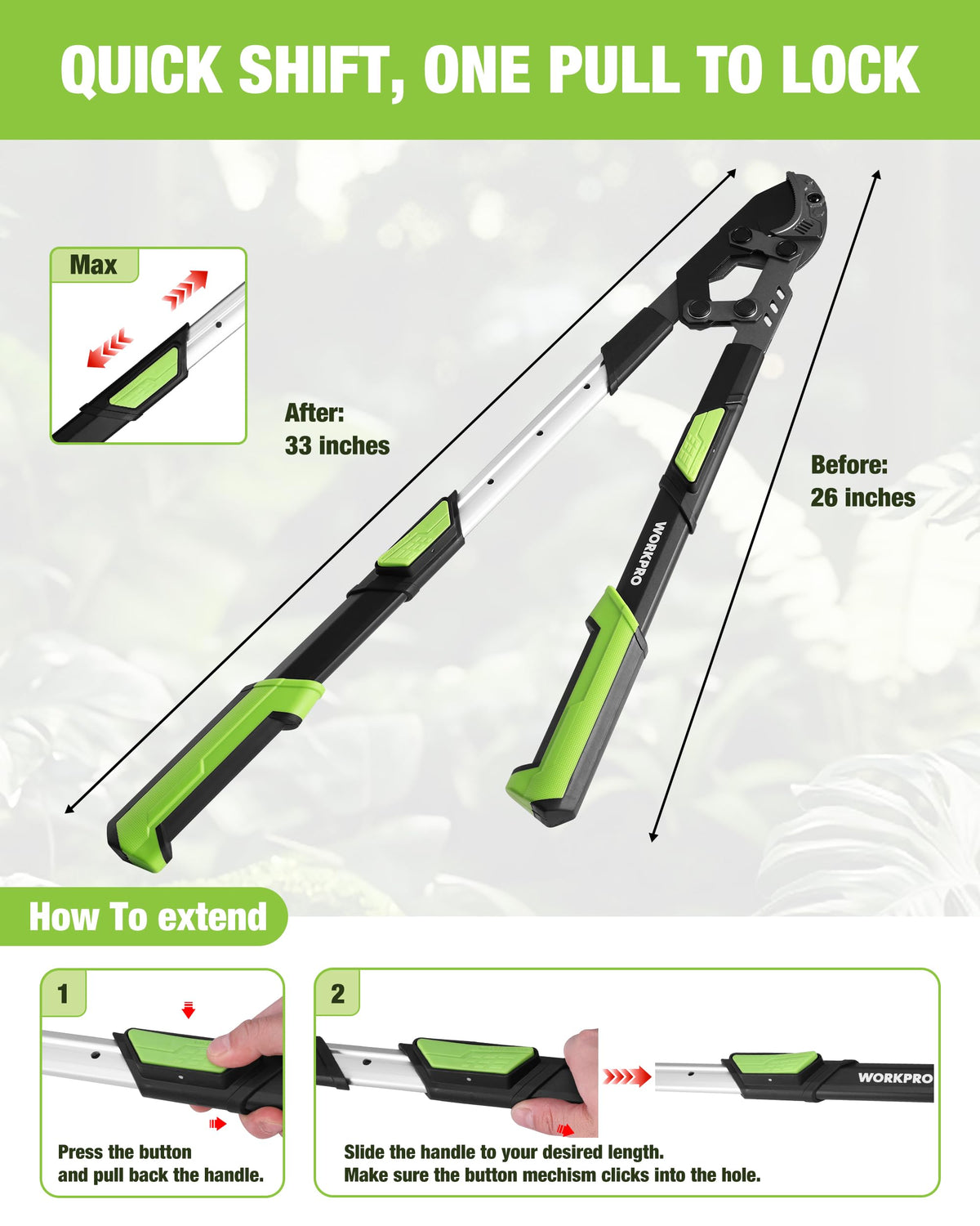WORKPRO ultra-sharp 65Mn blade for precise cuts on green and dry branches.