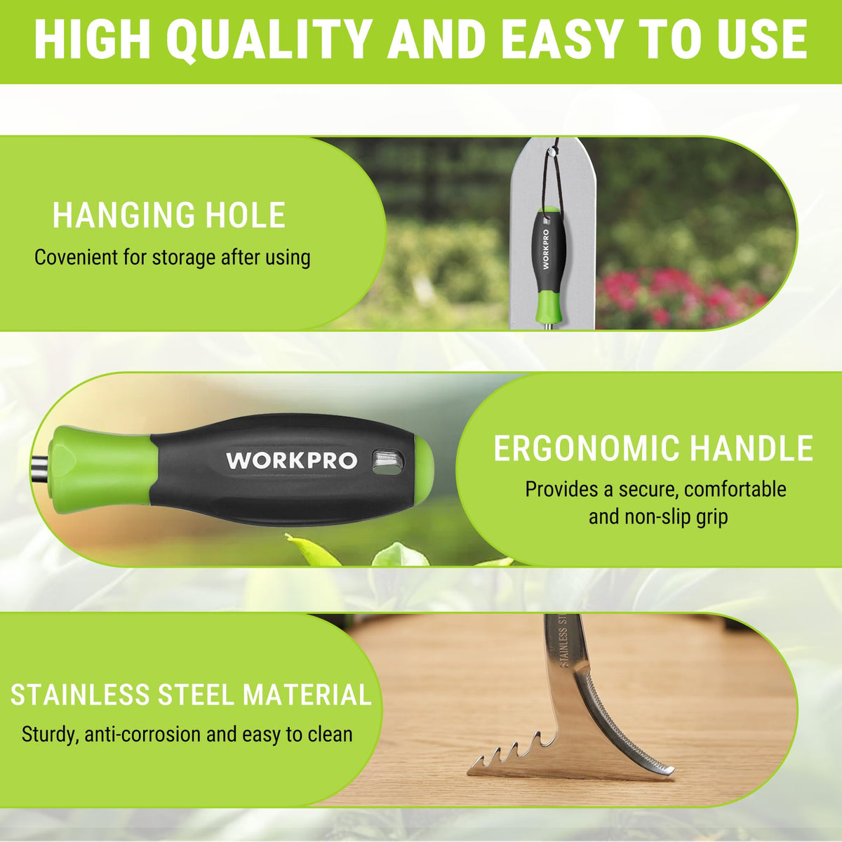 WORKPRO V-shaped weed puller in use, prying around roots with minimal effort.