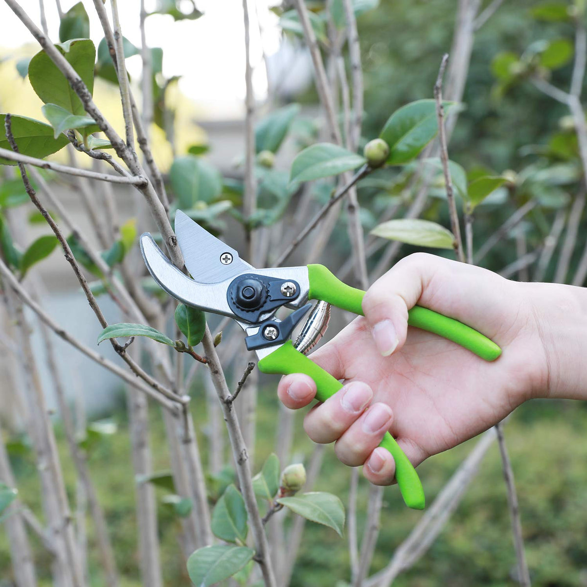 WORKPRO W151010 garden pruning action cutting green branches