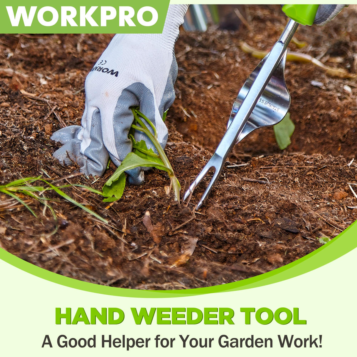 WORKPRO Weed Puller In Garden demonstrates practical weeding in beds