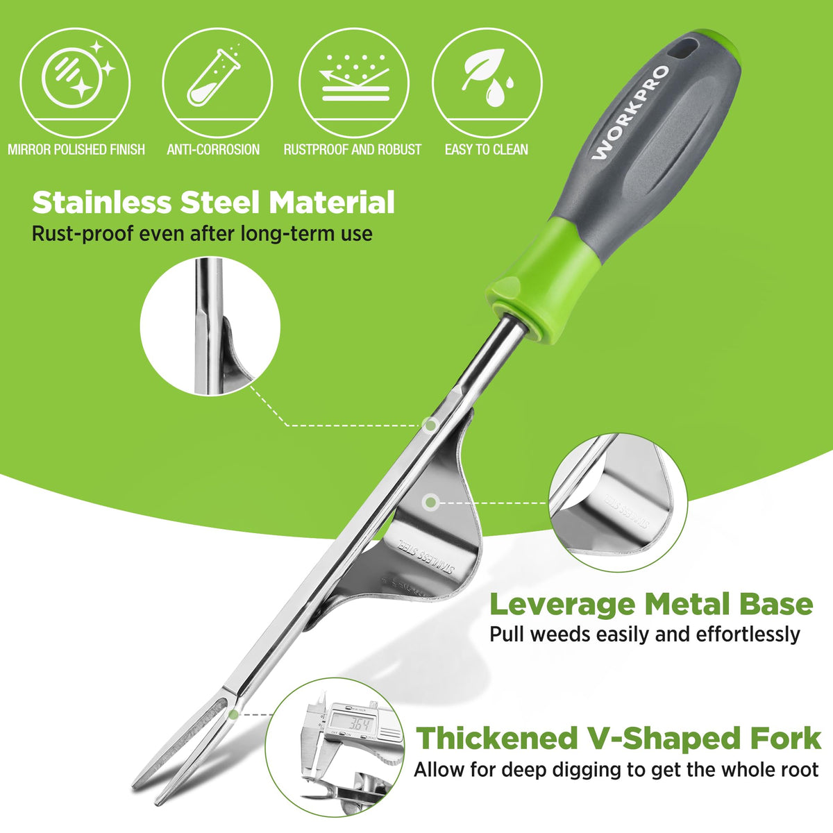 WORKPRO Weed Puller Stainless Body resists rust for longevity