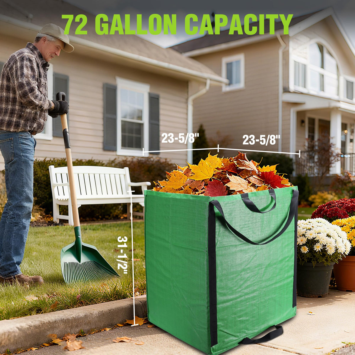 WORKPRO 72-gallon capacity handles leaves, branches, and grass clippings with ease.