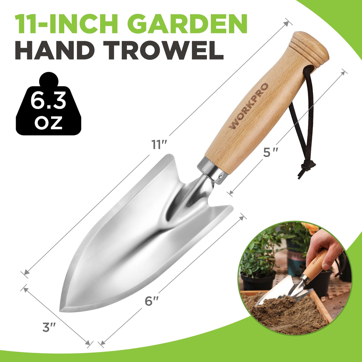 WORKPRO wooden handle close-up showing comfortable grip and sustainable wood