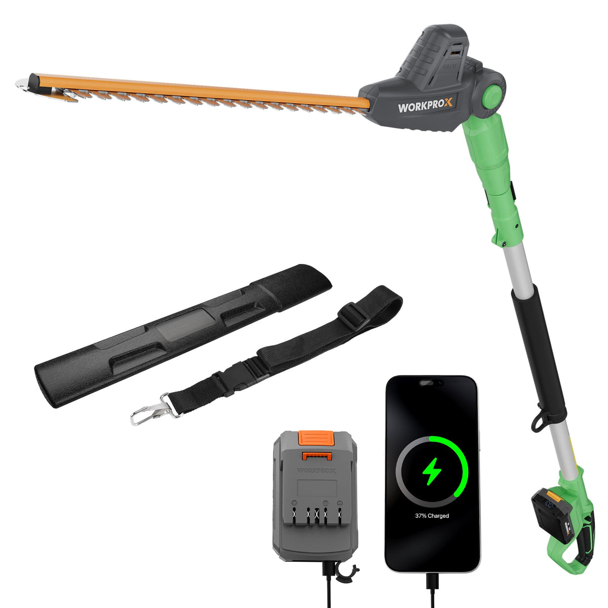 WORKPROX 20V hedge trimmer with extended reach for tall shrubs.