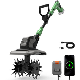WORKPROX 20V cordless tiller with 4x12 steel tines for fast soil penetration.