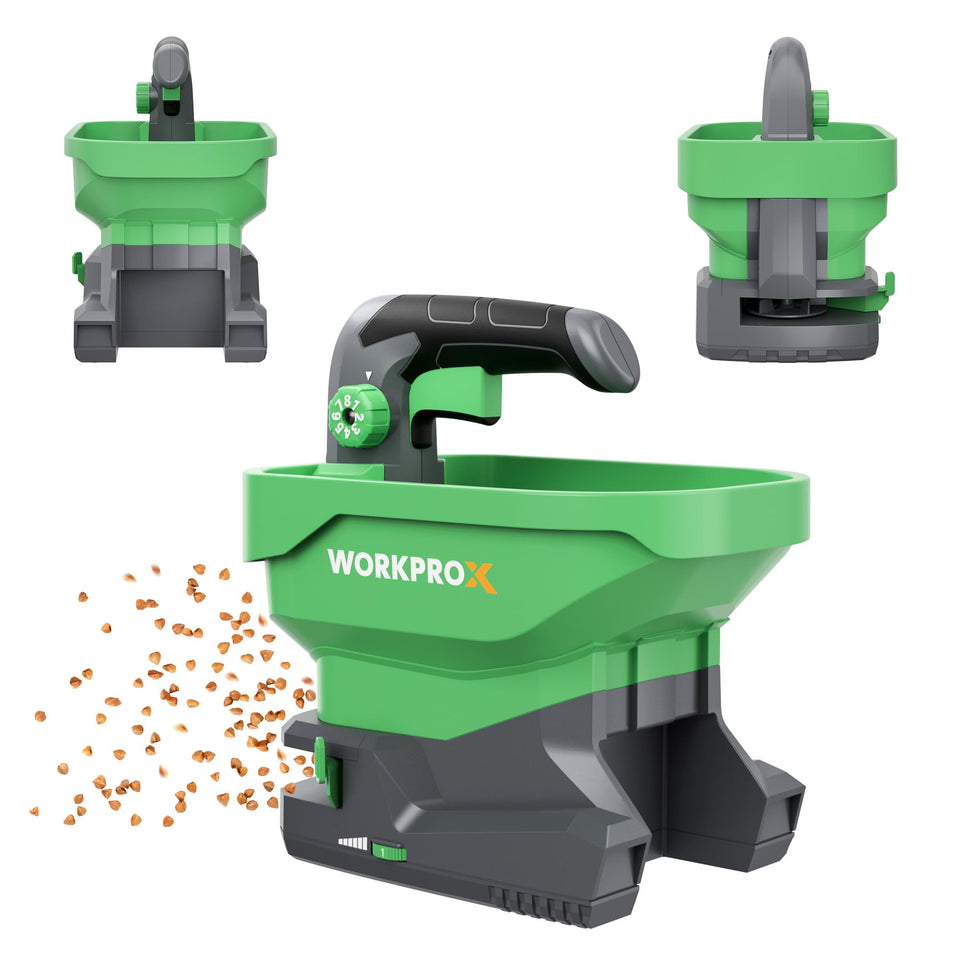 WORKPROX battery-powered fertilizer spreader with a 2.5-liter hopper for even coverage
