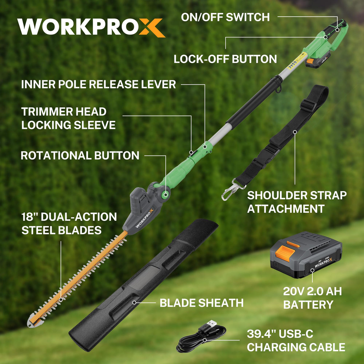 WORKPROX rotating head angles for precise trims around corners and obstacles.