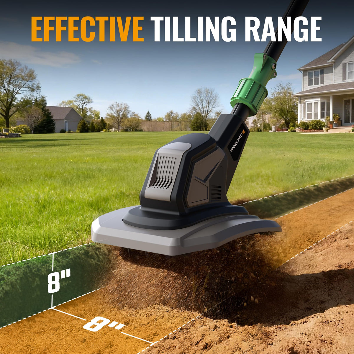 WORKPROX rototiller showing 8-inch width for efficient garden bed prep.