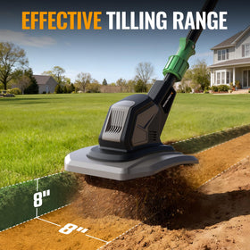 WORKPROX rototiller showing 8-inch width for efficient garden bed prep.