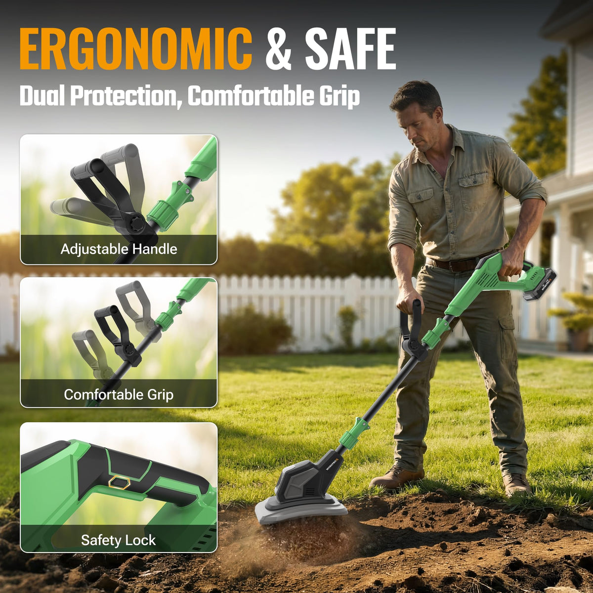 WORKPROX tiller features dual-action start and safety lock for control.