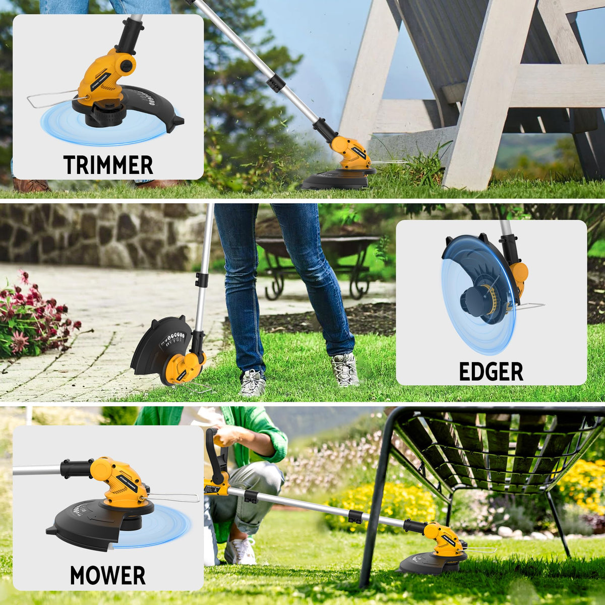 WorkSky trimmer in edger mode shaping garden borders with clean lines.