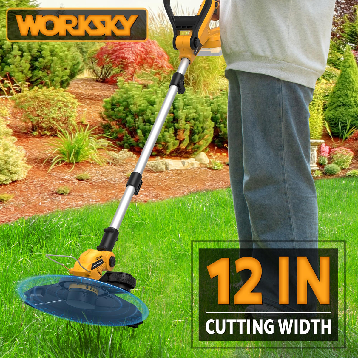 WorkSky cordless trimmer with automatic line feed for smooth, continuous trimming.