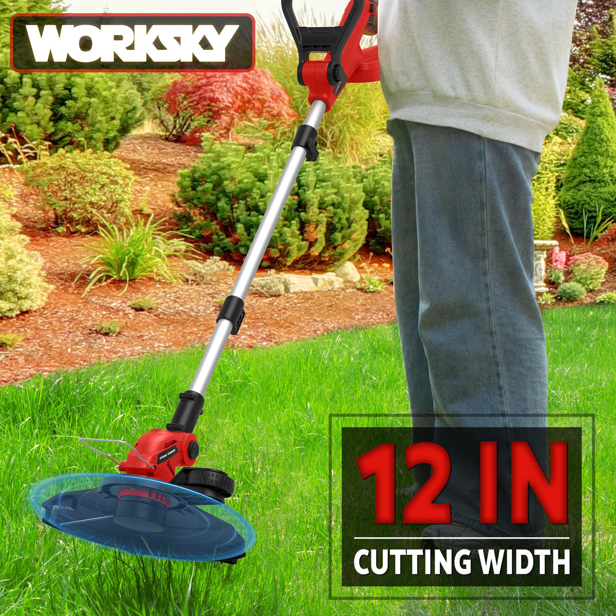Worksky cordless trimmer featuring auto line feed for effortless trimming