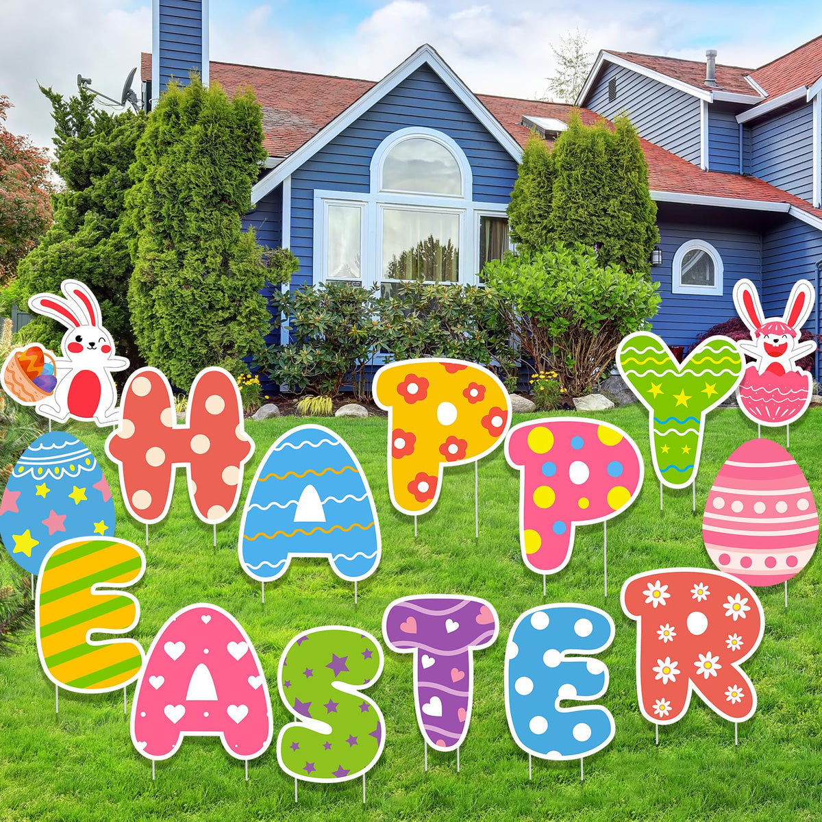 WorldBazaar Easter signs with variegated patterns create festive curb appeal.