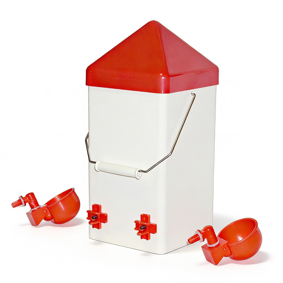 WORLEYX hanging chicken waterer with auto-fill cups for drip-free hydration