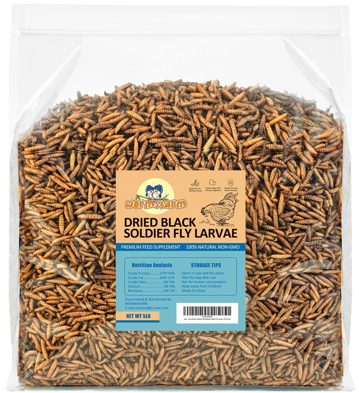 WormsFarm dried BSF larvae chicken snack in a box supporting healthier feathers and egg quality.